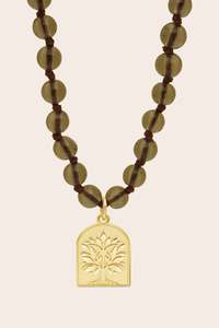 Gold Jewellery: Tree of Life Smoky Quartz  Mala Necklace - Gold