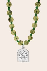 Crystal Necklaces: Tree of Life Prehnite  Mala Necklace - Silver