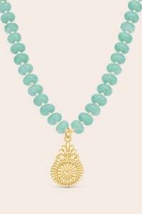 Gold Jewellery: Aqua Chalcedony Flourish Mala Necklace - Gold