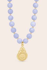Gold Jewellery: Blue Lace Agate Flourish Mala Necklace - Gold