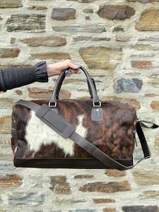 Travel Bag: Cowhide Overnight Bag - Dark Brindle + White  NEW