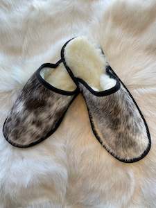 Footwear: Calfskin Scuff - Brown Dappled & White