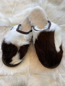 Footwear: Calfskin Slipper - Brown & White