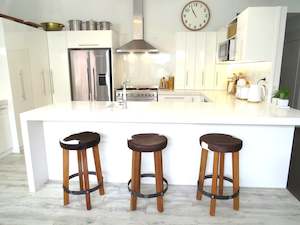 Homeware: Cowhide Round Top Kitchen Stool - Brown + White