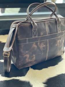 Cowhide Overnight Leather Garment Duffel Bags: Satchel Laptop Bag - Dark Brown Rubbed Leather
