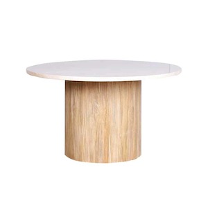 Round Pedestal Coffee Table 80cm – Cream Marble & Light Wash