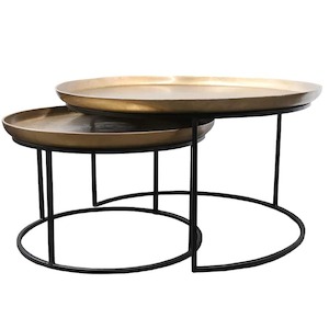 Coffee Tables: Brass & Black Round Nesting Coffee Table Duo