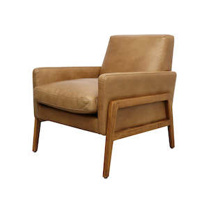 Occasional Chairs: Genuine Leather & Timber Detail Armchair - Tan
