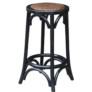 Stools: Round Black & Rattan Barstool