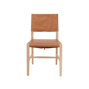 Solid Oak & Leather Tie Detail Dining Chair - Natural & Tan