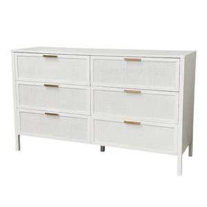 Hamptons: White Six Rattan Drawer Dresser