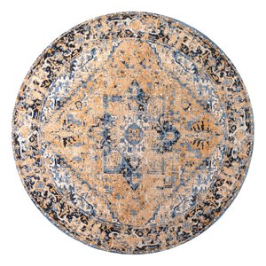 Turkish Style Round Distressed Rug 250cm - Blue & Orange Tones