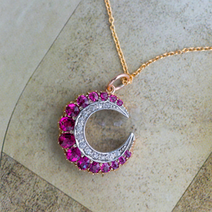 Products: Ira - Handmade 15 carat yellow gold & silver ruby diamond crescent.   - Coco Florence