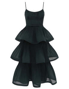 Pleated Tiered Midi Dress (Bottle Green)
