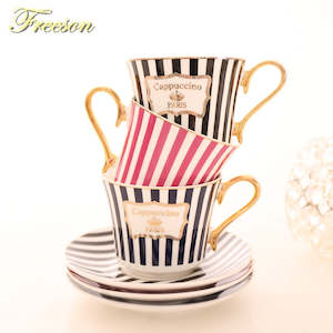 Concise Stripe Bone China Coffee Cup Saucer Gold Spoon Set Elegant Ceramic Tea C&hellip;