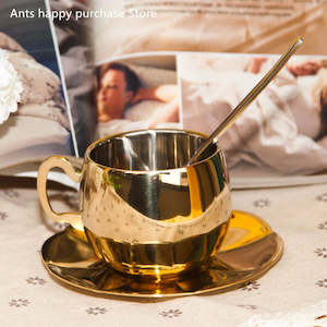 Cup Saucer Sets: Continental 304 stainless steel coffee cup Espresso coffee set Milk tea cup  three-piece  gold