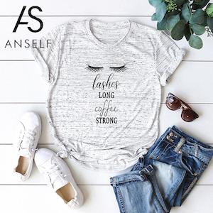 T Shirts: T-Shirt Women Cotton T Shirt Lashes Long Coffee Strong Letter Print Harajuku Short Sleeve Tops