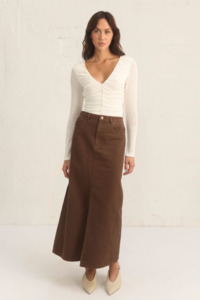 Mon Renn: Bayside Denim Skirt - Coffee