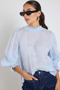 Embrace Ice Blue Ramie Shirred Neck LS Top