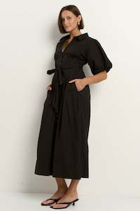 Dusk Black Puff Short Sleeve Collared Maxi Dress