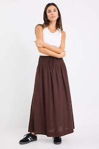 Byron Chocolate Linen Blend Shirred Waist Maxi Skirt