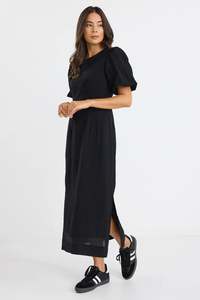 Elder Black Short Puff Sleeve Tie Midi Dress