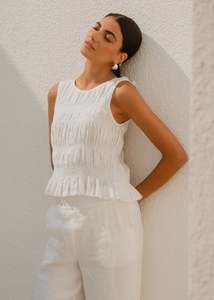 All Tops: Impulsive Ivory Linen Shirred Sleeveless Top