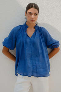 Womenswear: Expedition Blue Shirred Neck Short Sleeve Top