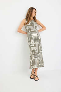 Future Khaki Maze Print Sleeveless Midi Dress