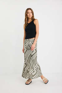 Womenswear: Departure Khaki Maze Print Viscose Blend Tie Waist Bias Maxi Skirt