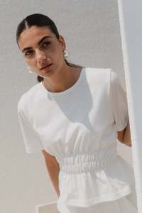 All Tops: Svelte Ivory Shirred Detail SS Tee