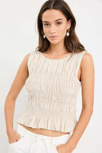 Impulsive Natural Linen Shirred Sleeveless Top