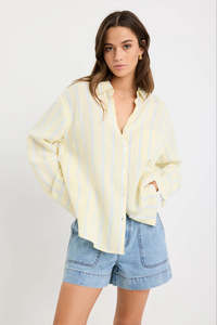 All Tops: Exalted Yellow Stripe Linen Viscose Oversized Shirt