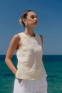 All Tops: Shoreline Butter Linen Bias Sleeveless Shell Top- Butter