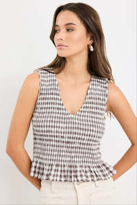 All Tops: Acceptance Chocolate Gingham Sleeveless Shell Top