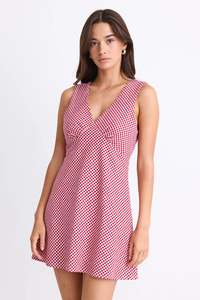 Dresses: Turin Red Ditsy Gingham Cotton Sleeveless Bias Mini Dress