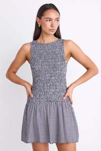 Laurel Navy Mini Gingham Sleeveless Shirred Bodice Mini Dress