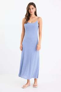Hologram Electric Blue Mini Gingham Strappy Bias Slip Maxi Dress
