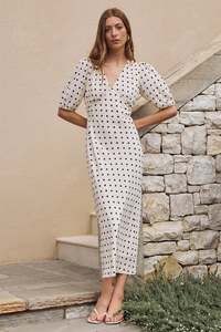 Dresses: Amora Cream Chocolate Polka Dot Bias Midi Dress