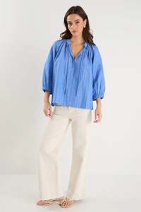 Compliment French Blue Stripe Blouson Mid Sleeve Top