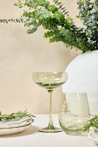 All: Olive Green Etched Leaf Set 2 Coupe Cocktail Glasses