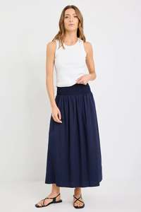 All: Wanderlust Navy linen blend shirred waist maxi skirt