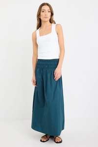 All: Entourage Petrol Cotton Shirred Waist Maxi Skirt - Petrol
