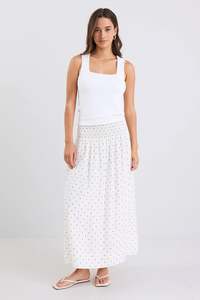 Womenswear: Wanderlust Cream Polka Dot Shirred Waist Maxi Skirt