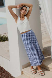 Womenswear: Summit Blue Gingham Cotton Tie Waist Bias Maxi Skirt