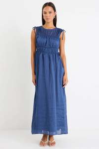 Dresses: Compass Navy Ramie Relaxed Sleeveless Maxi Dress
