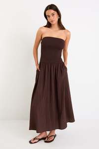 Athens Chocolate Strapless Shirred Bodice Maxi Dress