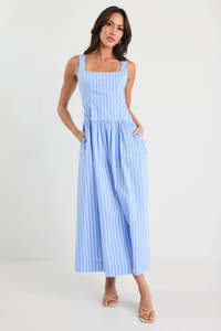 Gilded Blue Stripe Sleeveless Square Neck Maxi Dress