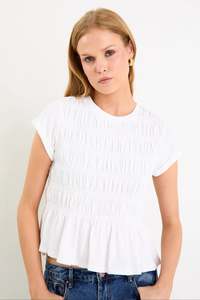 All Tops: Neat White Slub Shirred Detail SS Tee