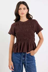 All Tops: Neat Chocolate Slub Shirred Detail SS Tee